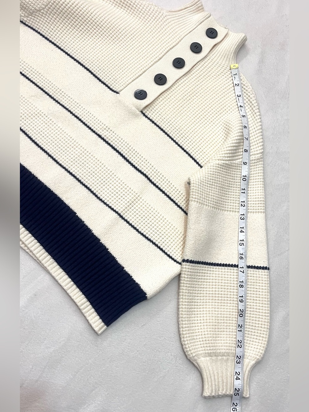 Vita Grace Cream and Navy Soft Thick Button Up Neck Waffle Sweater Women's Top - Picture 9 of 16